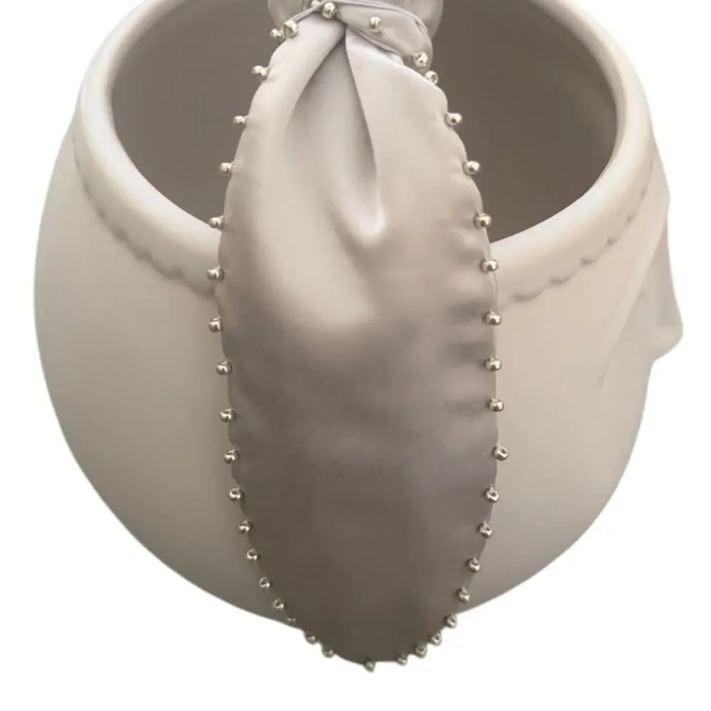 EVERLY x ATHRO Satin Studded Metallic Pearl Top Knot Wide Headband in Slate Gray